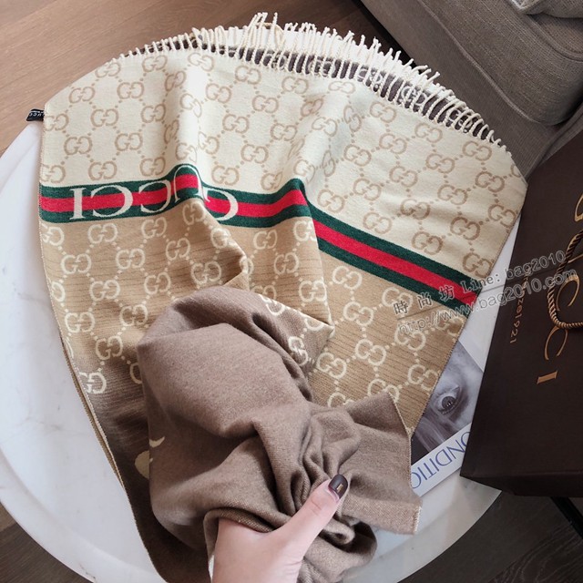 Gucci經典羊絨混紡長巾 古馳時尚披肩 古琦雙面提花長須圍巾  mmj1644